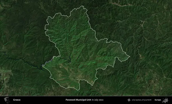 Paranesti Belediye Birimi. Yunanistan 'ın idari alanı, Temmuz 2022' de çekilen Global Mozaik Sentinel-2 karolarından oluşan koyu renkli bir uydu görüntüsü üzerinde vurgulandı ve özetlendi
