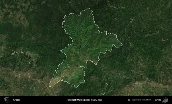 Paranesti Belediyesi. Yunanistan 'ın idari alanı, Temmuz 2022' de çekilen Global Mozaik Sentinel-2 karolarından oluşan koyu renkli bir uydu görüntüsü üzerinde vurgulandı ve özetlendi