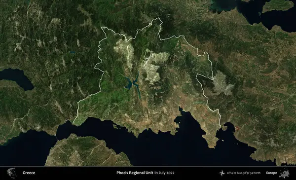 Focis Bölgesel Birimi. Yunanistan 'ın idari alanı, Temmuz 2022' de çekilen Global Mozaik Sentinel-2 karolarından oluşan koyu renkli bir uydu görüntüsü üzerinde vurgulandı ve özetlendi