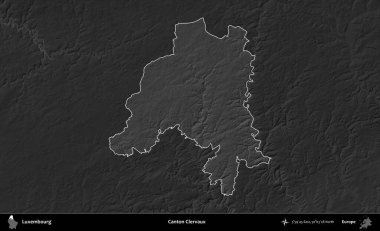 Canton Clervaux 'da. Lüksemburg 'un idari alanı karartılmış gri tonlama yükseklik haritasına vurgulandı ve özetlendi