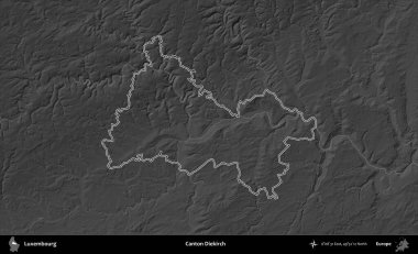 Canton Diekirch. Lüksemburg 'un idari alanı bir gri ölçekli yükseklik haritasında özetlenmiştir