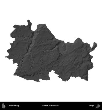 Canton Echternach 'da. Lüksemburg 'un idari alanı gri ölçekli yükseklik haritasında beyaza izole edildi