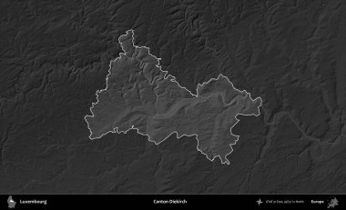Canton Diekirch. Lüksemburg 'un idari alanı karartılmış gri tonlama yükseklik haritasına vurgulandı ve özetlendi