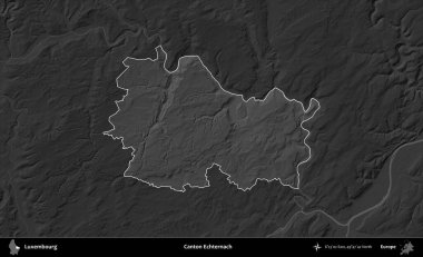 Canton Echternach 'da. Lüksemburg 'un idari alanı karartılmış gri tonlama yükseklik haritasına vurgulandı ve özetlendi