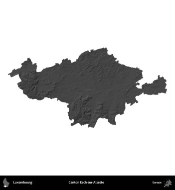 Canton Esch-sur-Alzette. Lüksemburg 'un idari alanı gri ölçekli yükseklik haritasında beyaza izole edildi