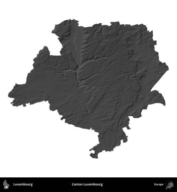 Canton Lüksemburg 'da. Lüksemburg 'un idari alanı gri ölçekli yükseklik haritasında beyaza izole edildi