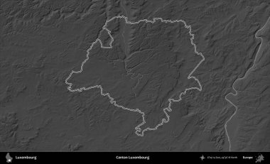 Canton Lüksemburg 'da. Lüksemburg 'un idari alanı bir gri ölçekli yükseklik haritasında özetlenmiştir