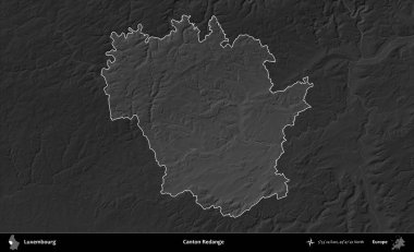 Canton Redange 'de. Lüksemburg 'un idari alanı karartılmış gri tonlama yükseklik haritasına vurgulandı ve özetlendi