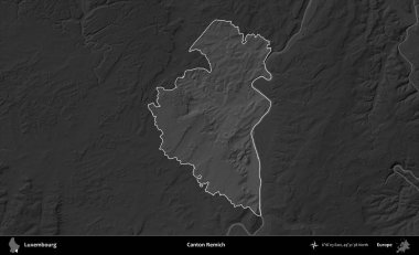 Canton Remich. Lüksemburg 'un idari alanı karartılmış gri tonlama yükseklik haritasına vurgulandı ve özetlendi