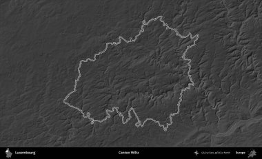 Canton Wiltz. Lüksemburg 'un idari alanı bir gri ölçekli yükseklik haritasında özetlenmiştir