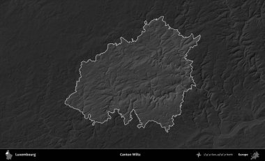 Canton Wiltz. Lüksemburg 'un idari alanı karartılmış gri tonlama yükseklik haritasına vurgulandı ve özetlendi