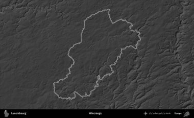 Wincrange 'da. Lüksemburg 'un idari alanı bir gri ölçekli yükseklik haritasında özetlenmiştir
