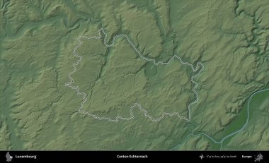 Canton Echternach 'da. Lüksemburg 'un idari alanı renkli bir yükseklik haritasında özetlenmiştir