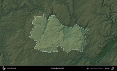 Canton Echternach 'da. Lüksemburg 'un idari alanı koyu renkli bir yükseklik haritasına vurgulandı ve özetlendi