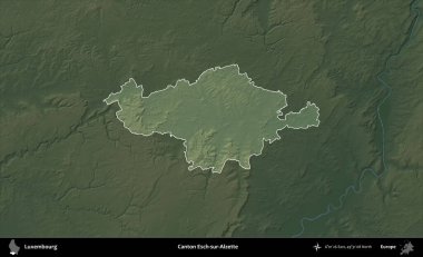Canton Esch-sur-Alzette. Lüksemburg 'un idari alanı koyu renkli bir yükseklik haritasına vurgulandı ve özetlendi