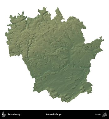 Canton Redange 'de. Lüksemburg 'un idari alanı renkli bir yükseklik haritasında beyaza izole edilmiş