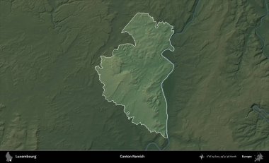 Canton Remich. Lüksemburg 'un idari alanı koyu renkli bir yükseklik haritasına vurgulandı ve özetlendi