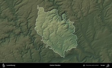 Canton Vianden. Lüksemburg 'un idari alanı koyu renkli bir yükseklik haritasına vurgulandı ve özetlendi