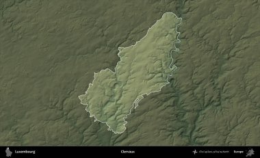 Clervaux. Lüksemburg 'un idari alanı koyu renkli bir yükseklik haritasına vurgulandı ve özetlendi