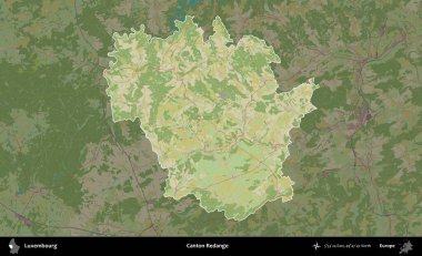 Canton Redange 'de. Lüksemburg 'un idari alanı koyu renkli bir Topografik İnsani Biçim haritasına vurgulandı ve özetlendi