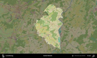 Canton Remich. Lüksemburg 'un idari alanı koyu renkli bir Topografik İnsani Biçim haritasına vurgulandı ve özetlendi