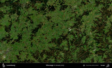 Wincrange 'da. Ocak 2023 'te çekilen Global Mozaik Sentinel-2 karolarından oluşan bir uydu görüntüsü üzerinde Lüksemburg' un idari alanı
