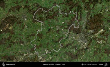 Canton Capellen. Lüksemburg 'un idari alanı, Ocak 2023' te çekilen Global Mozaik Sentinel-2 karolarından oluşan bir uydu görüntüsüyle özetlenmiştir.