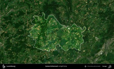 Canton Echternach 'da. Lüksemburg 'un idari alanı, Nisan 2024' te çekilen Global Mozaik Sentinel-2 karolarından oluşan koyu renkli bir uydu görüntüsü üzerine vurgulandı ve özetlendi