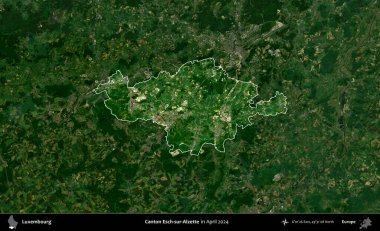Canton Esch-sur-Alzette. Lüksemburg 'un idari alanı, Nisan 2024' te çekilen Global Mozaik Sentinel-2 karolarından oluşan koyu renkli bir uydu görüntüsü üzerine vurgulandı ve özetlendi