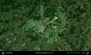 Canton Lüksemburg 'da. Lüksemburg 'un idari alanı, Temmuz 2024' te çekilen Global Mozaik Sentinel-2 karolarından oluşan koyu renkli bir uydu görüntüsü üzerine vurgulandı ve özetlendi