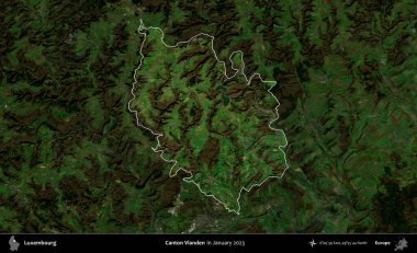Canton Vianden. Lüksemburg 'un idari alanı, Ocak 2023' te çekilen Global Mozaik Sentinel-2 karolarından oluşan koyu renkli bir uydu görüntüsü üzerine vurgulandı ve özetlendi.