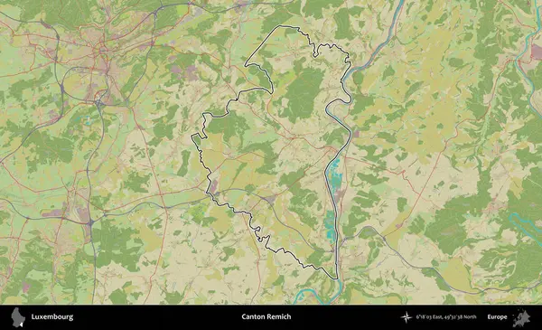 Canton Remich. Lüksemburg 'un idari alanı bir Topografik İnsani Stil haritasında özetlenmiştir