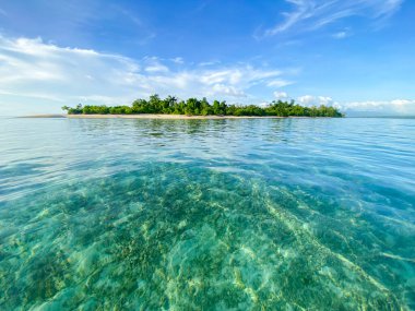 Okyanusun ortasındaki güzel tropikal ada berrak su ve mavi gökyüzünün arka planına karşı. Yüksek kalite fotoğraf