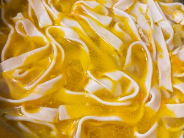 Büyük ev yapımı yumurta eriştesi ve tavuk çorbası. Yüksek kalite fotoğraf