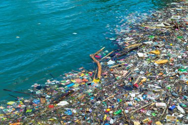Bir sürü plastik ve denizde başka enkaz parçaları var. Ekolojik felaket. Yüksek kalite fotoğraf