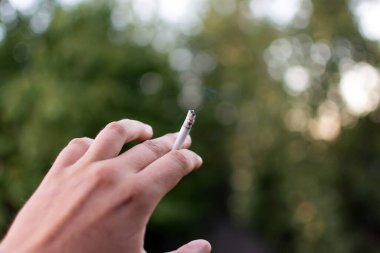 Doğanın arka planında sigara içerek sigara yakmak. Yüksek kalite fotoğraf