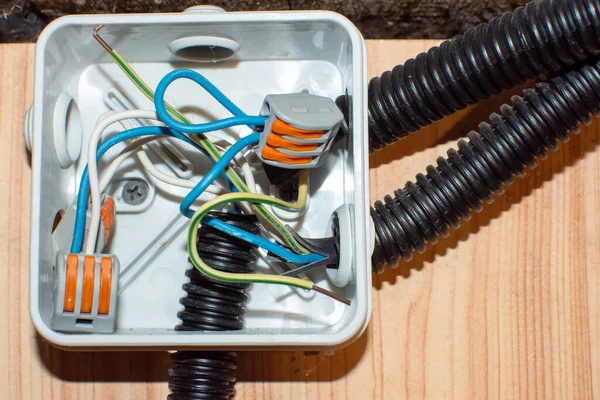 open electrical distribution box with connected wires. High quality photo