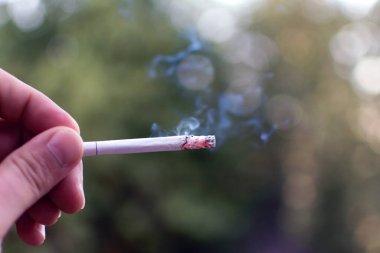 Doğanın arka planında sigara içerek sigara yakmak. Yüksek kalite fotoğraf