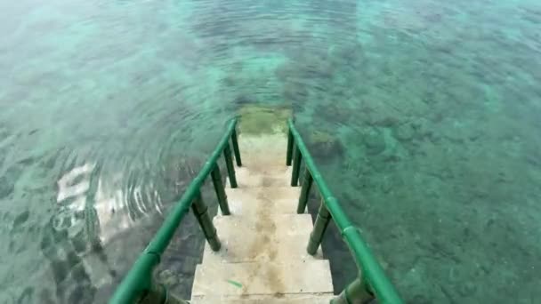 Schody Vedoucí Oceánu Bambusovými Madly Čistá Mořská Voda Korály Dně — Stock video
