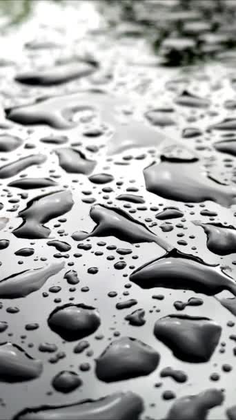 Grote Druppels Water Een Zwart Glanzend Oppervlak Regen — Stockvideo