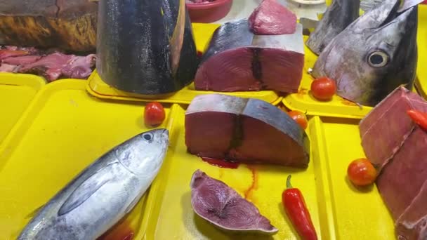 Freshly Caught Huge Tuna Cut Fish Market Asia — Stock Video