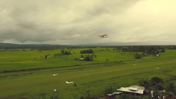 Lekkie Samoloty Przelatują Nisko Nad Polami Ryżowymi Prywatny Samolot — Wideo stockowe