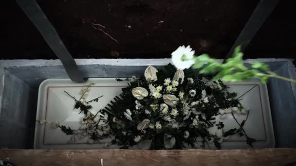 Квіти Кришці Труни Кидаються Могилу Похорон — стокове відео