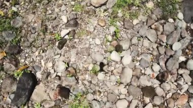 Kayalıklarda uçan bir dronun gölgesi.