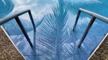 Havuza çıkan merdivenlerde suya yansıyan palmiye ağaçları var..