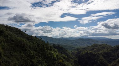 Gökyüzüne karşı orman ve yoğun bitki örtüsüyle kaplı tropikal dağlar, yukarıdan görünür..