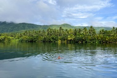 İnsan vahşi ormanda tropikal nehirde yüzer..