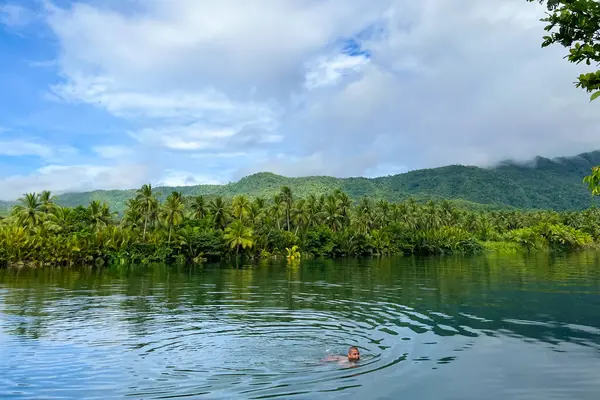 İnsan vahşi ormanda tropikal nehirde yüzer..