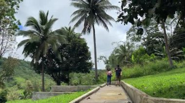 Erkek ve kadın, arka planda dağ manzarası olan tropikal ormanda yol boyunca yürüyorlar..