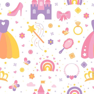 Princess elements isolated pink and purple seamless pattern